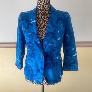 Ann Taylor Blue Floral Print Blazer Jacket Size 4 Single Button Office Career